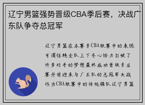 辽宁男篮强势晋级CBA季后赛，决战广东队争夺总冠军
